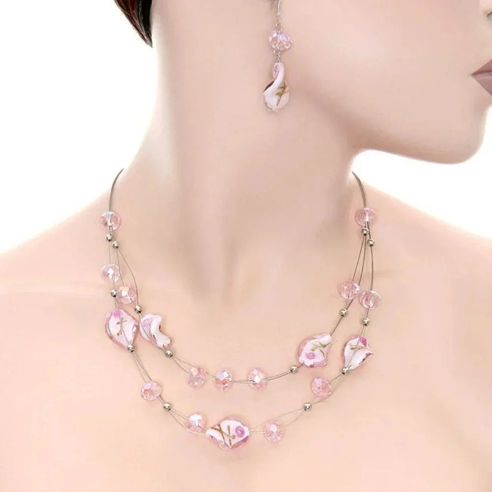 Pink Murano Glass and beaded Double stranded Necklace with matching Earring Set